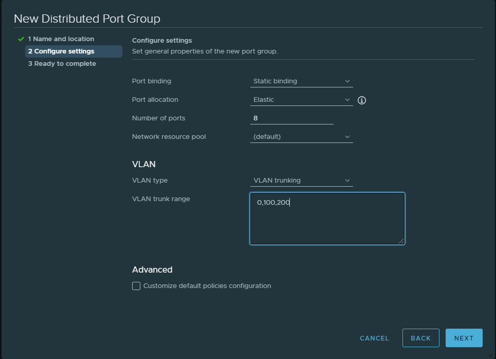 New Distributed Port Group Port Settings