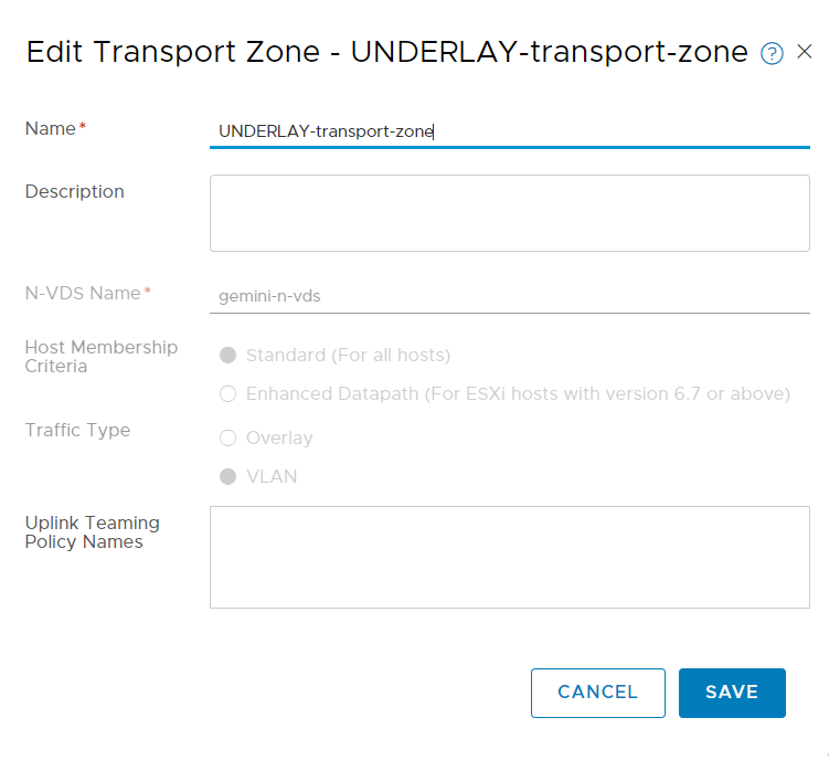Edit Underlay Transport Zone